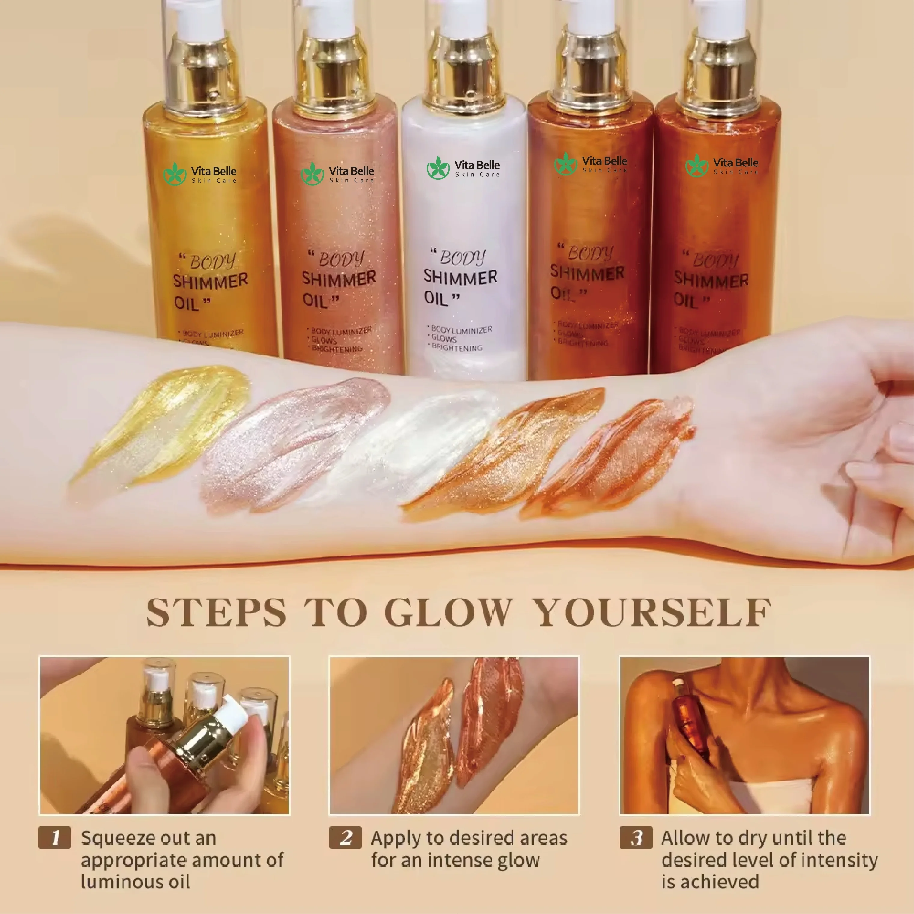 Custom Logo Makeup Glow Dry Body Shimmer Oil Moisturizing Body Glitter Spray Liquid Highlighter Shimmering Bronzer Oil