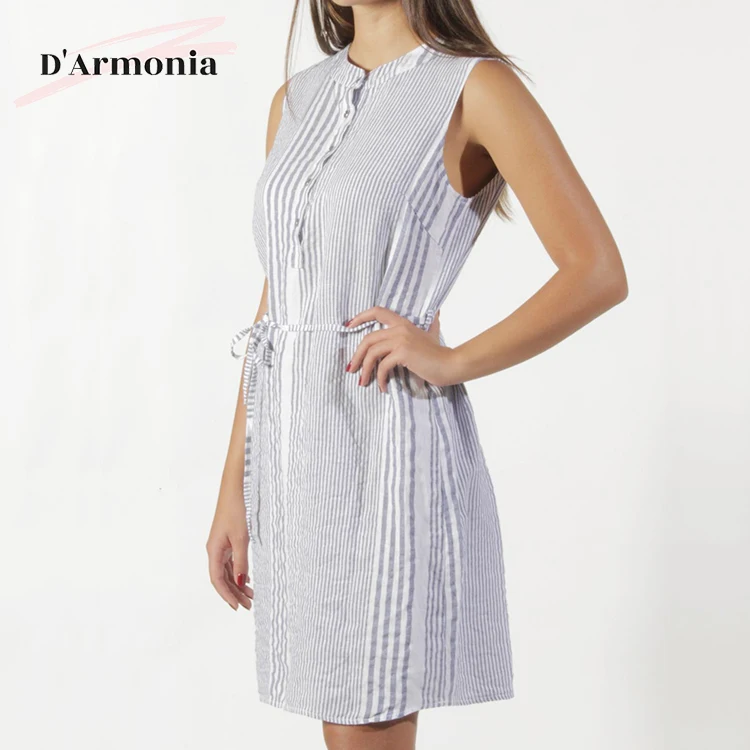 Italy Manufacture Linen Strip Design Button Fashion Comfortable Dailywear for Women