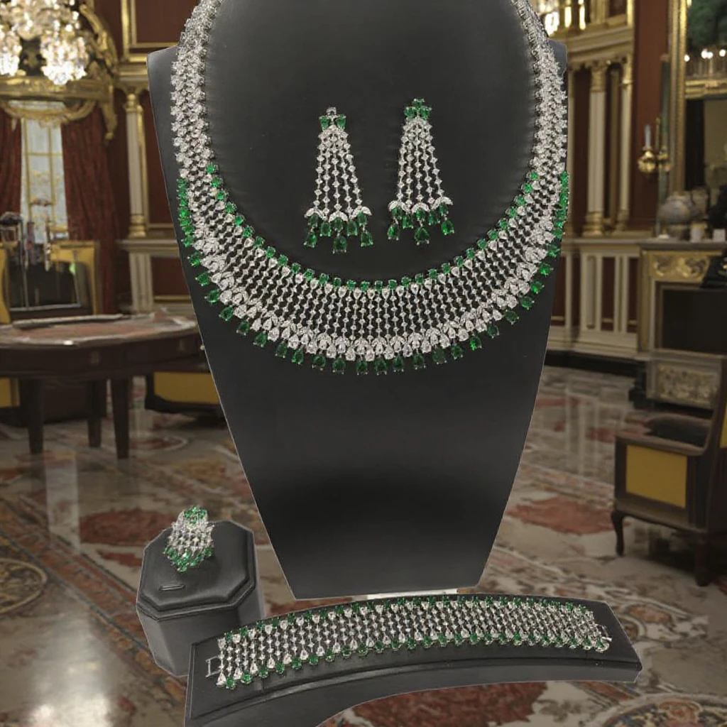 Wholesale India Dubai Gold Anniversary Jewelry Set Beautiful Bridal Wedding Necklace Women Necklace Emerald Jewelry Set