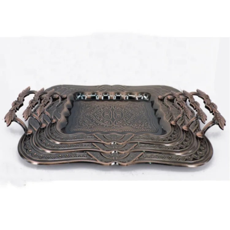 Wholesale Stainless Steel Gold Serving Tray Metal Fruit Tray For Restaurant Hotel Party Weeding With Double Handle