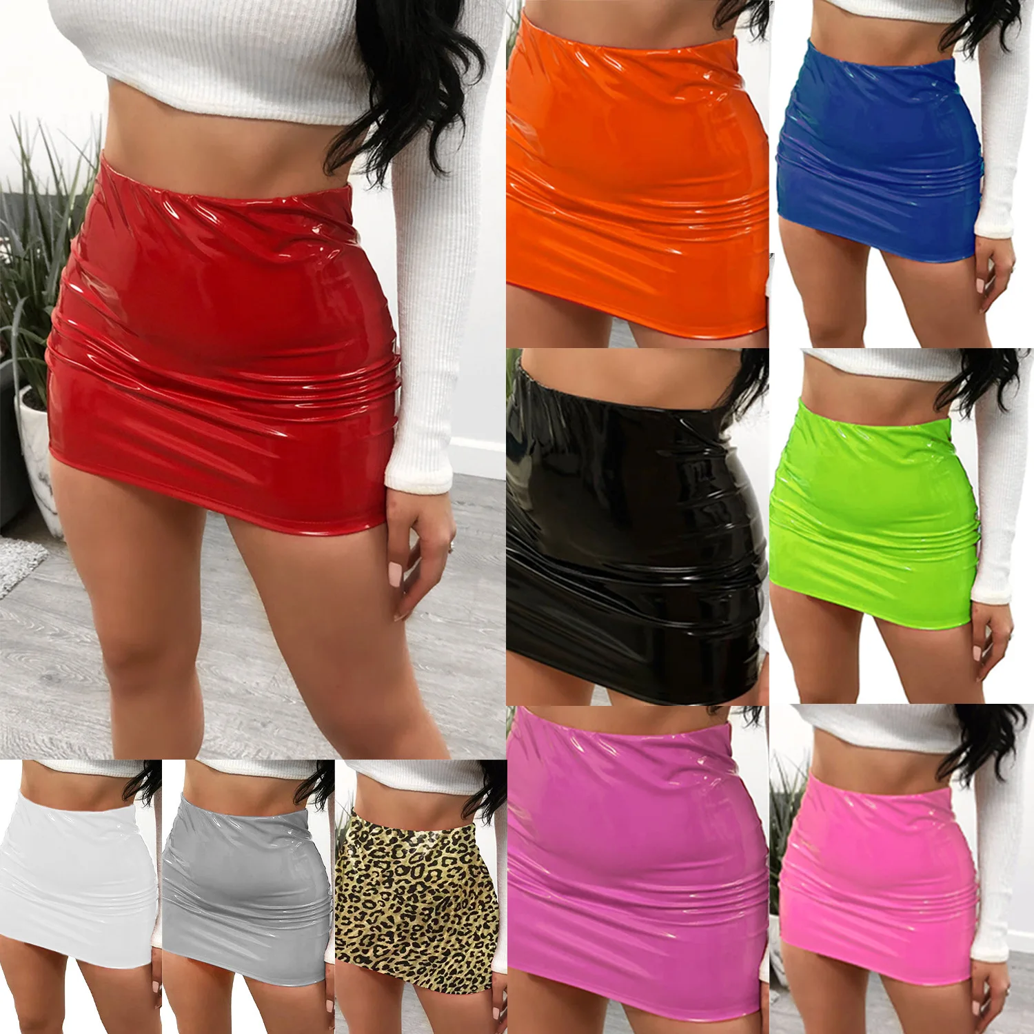 Tight Mini Skirt 2021 New Arrival Womens Sexy High Waist Fau Leather 4 Color Pencil Skirt Ladies Wear Skirts Plus Size Pu Satin