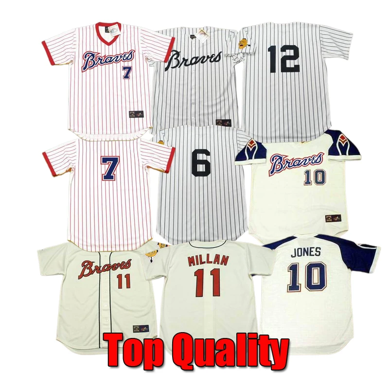 Mens Atlanta 6 TONY LARUSSA 7 JEFF BURROUGHS 10 CHIPPER JONES 11 FELIX MILLAN 12 UECKER Throwback baseball jersey Stitched S-5XL