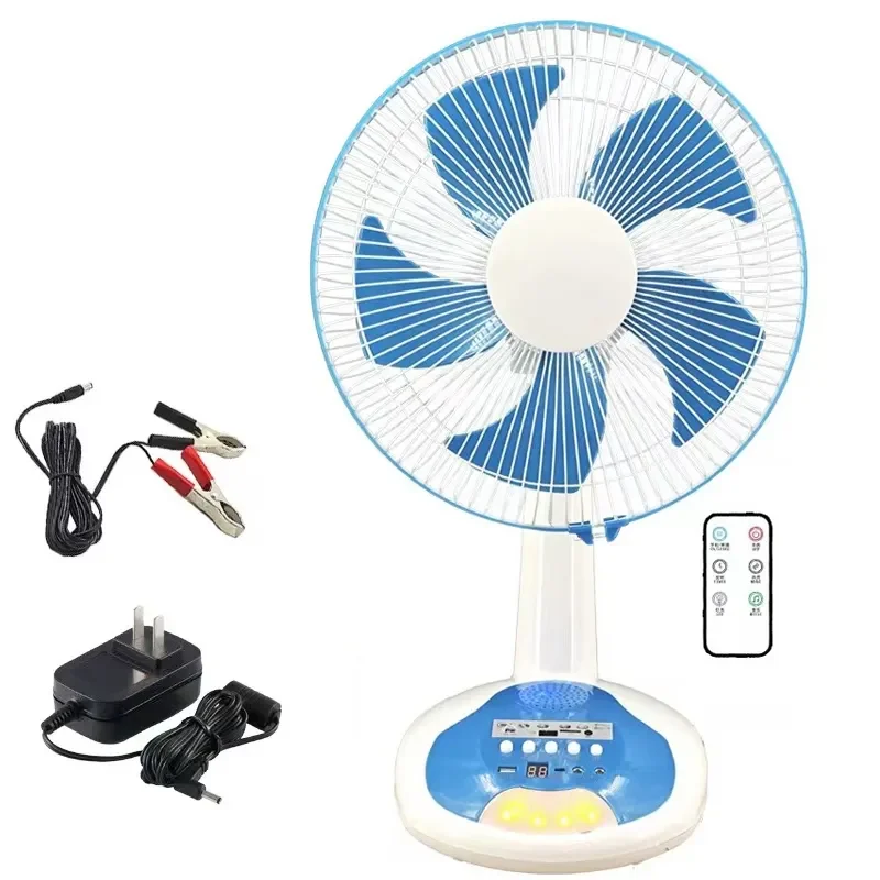 12v AC DC Solar Rechargeable Fan Bluetooth Speaker Radio 12 inch Table Fan with Solar Panel and LED Light for home and outdoors