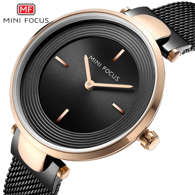 
MINI FOCUS Black Mesh Strap Business Classic Women Quartz Watch Luxury Elegant Ladies Wrist Watches Gift for Girls XMAS 