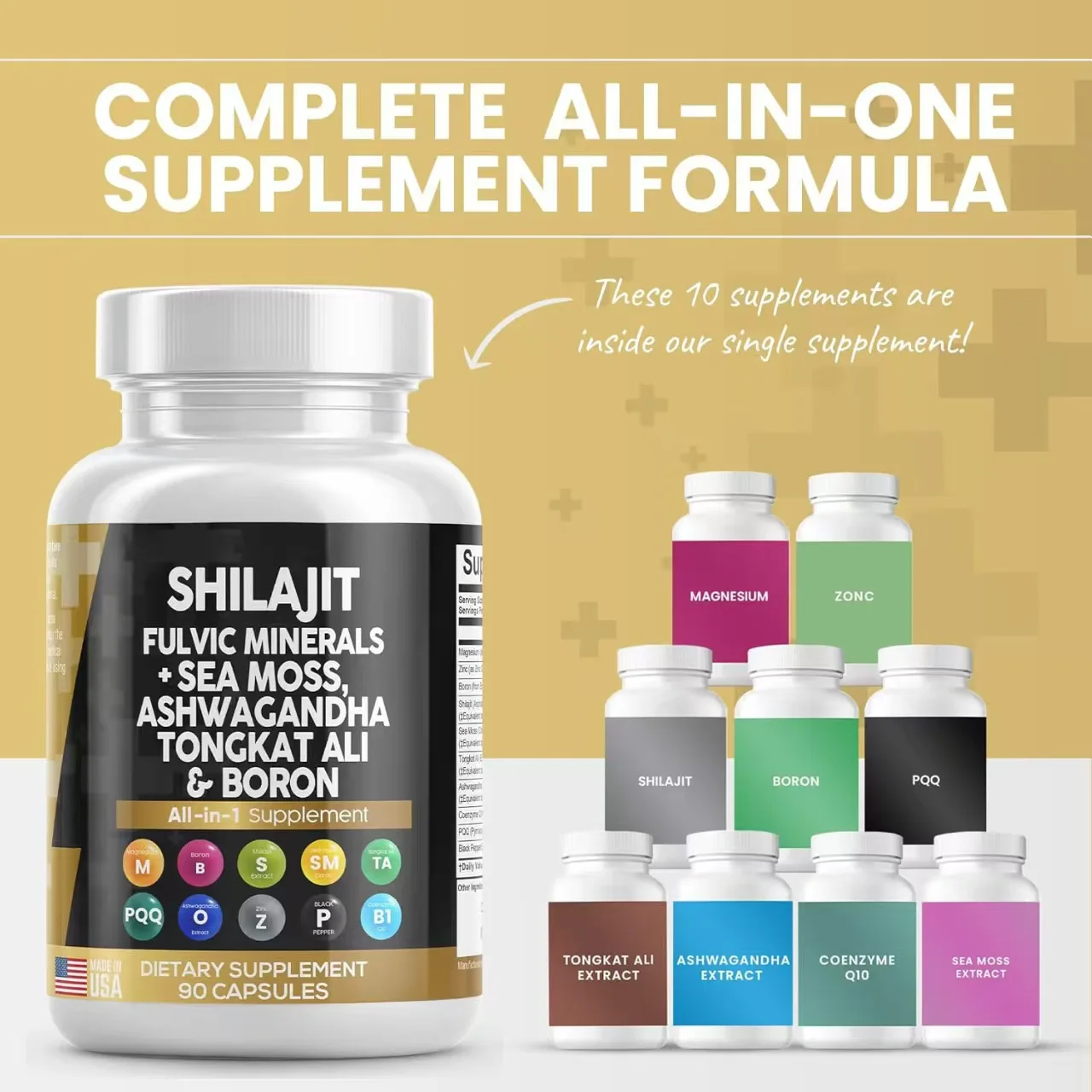 High Quality OEM/ODM Private Label Factory Supply 8 in 1 Shilajit Capsules With Sea Moss Ashwagandha Tongkat Ali Boron Magnesium