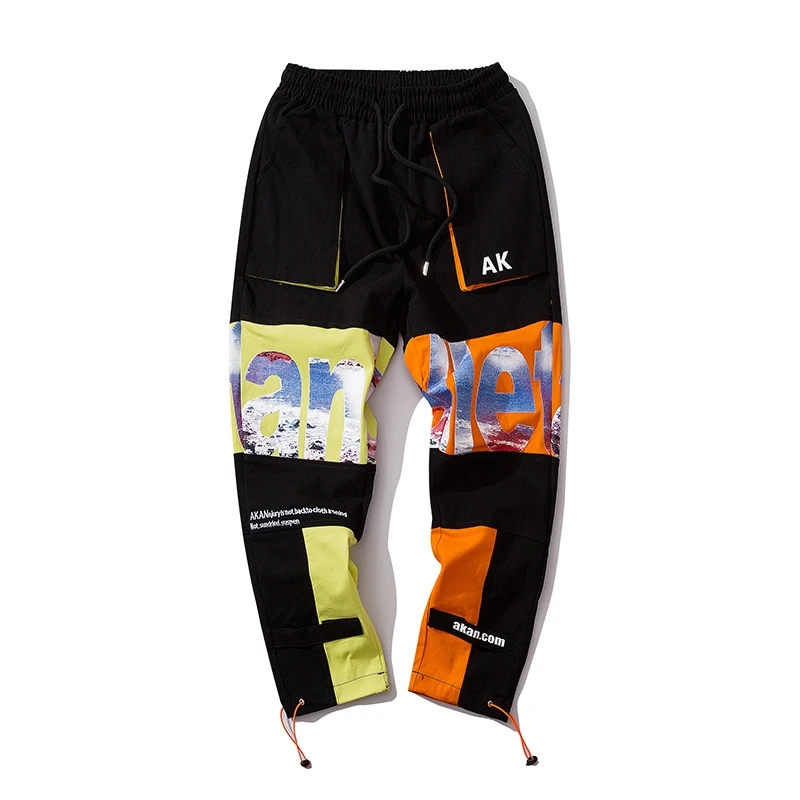 
High Street HIP HOP Letter Printed Splicing Men Khaki Baggy Pants Mens Baggy Chino Trousers Pants Wide Hips Pants 