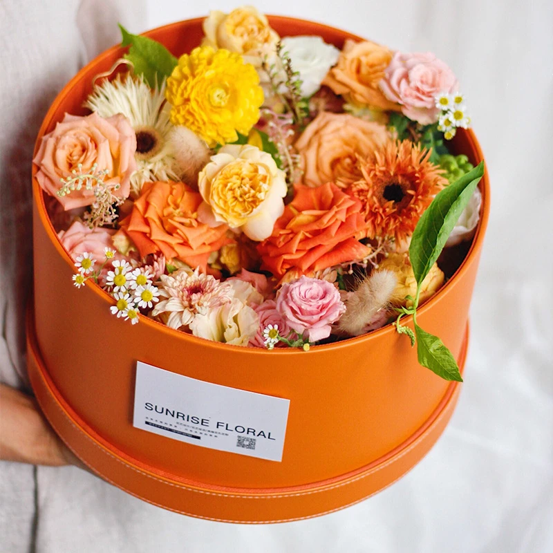 High end PU leather round gift hat box luxury fresh preserved flower rose bouquet packaging box for florist floral gift packing