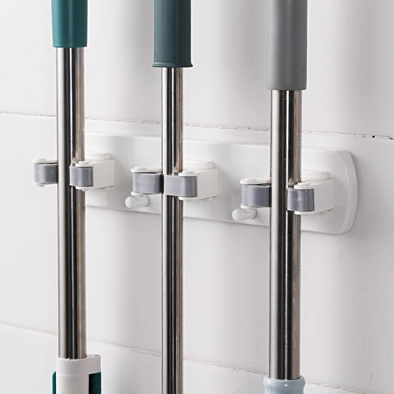 Factory Good quality wall mounted nail free set of three mop & broom holder 3 holders with 2 hooks tool organizer