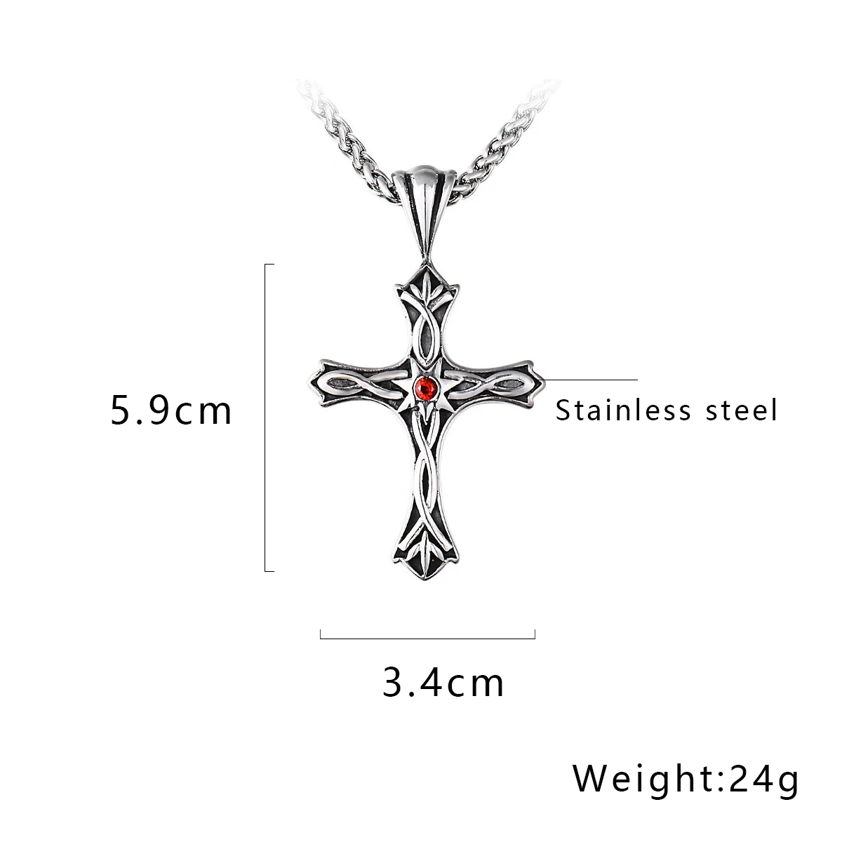 Stainless Steel Cross Inlaid Red Gemstone Pendant Vintage Viking Pattern Celtic Knot Men Necklace