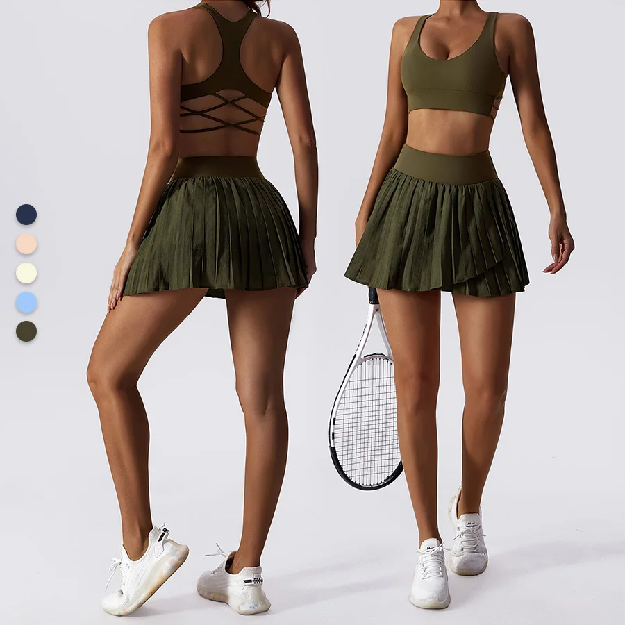 Wholesale Sports 2 Piece Outfits Tennis Dress Women Sport Bra Golf Skorts Tennis Skirts Sets Sportswear