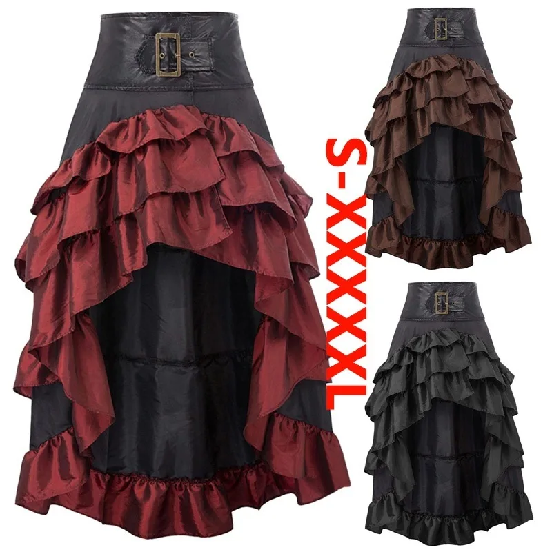 S-5XL Victorian Ruffled Satin & Lace Trim Gothic Skirts Women Corset skirt Vintage Steampunk dress Pirate Cosplay Costumes