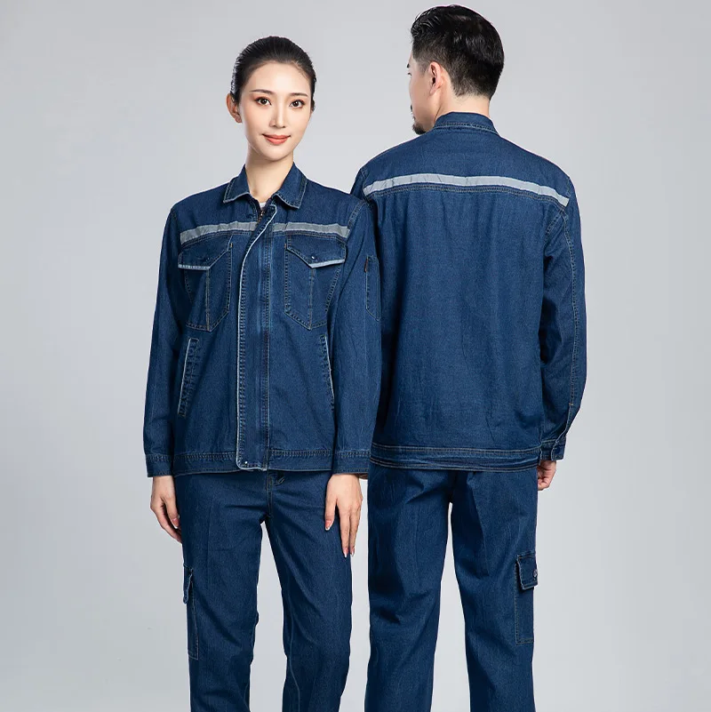 Summer Long Sleeve Denim Workwear Jacket and Pants Cowboy Reflective Strips Work Clothes Custom Uniforms for Construction