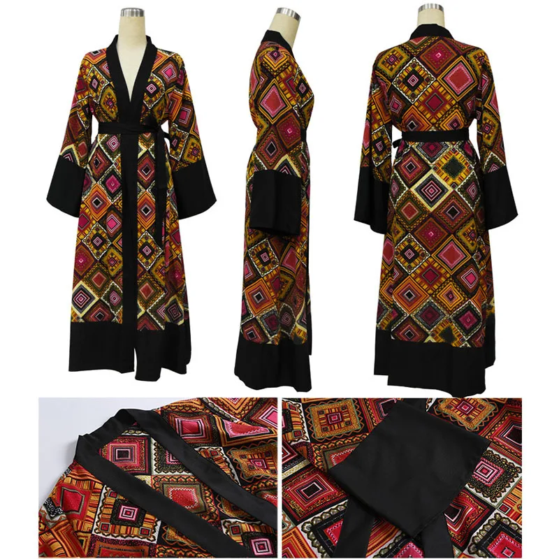 Women Long Cardigan Printed Geometric Red Muslim Dresses Hijab Dress Abayas Caftan