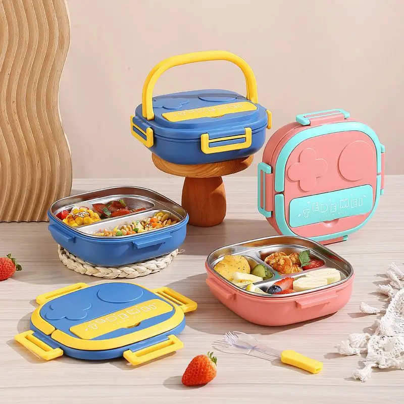 2023 Hotselling 304 SUS stainless steel lunch box with 2 or 3 compartment square heated lunch box with cutlery for kids