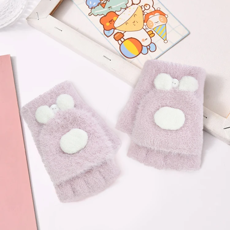 Convertible Flap Cover Kids Knitted Warm Faux Mink Fur Fingerless Mitten with Rabbit Designed Cover Pink