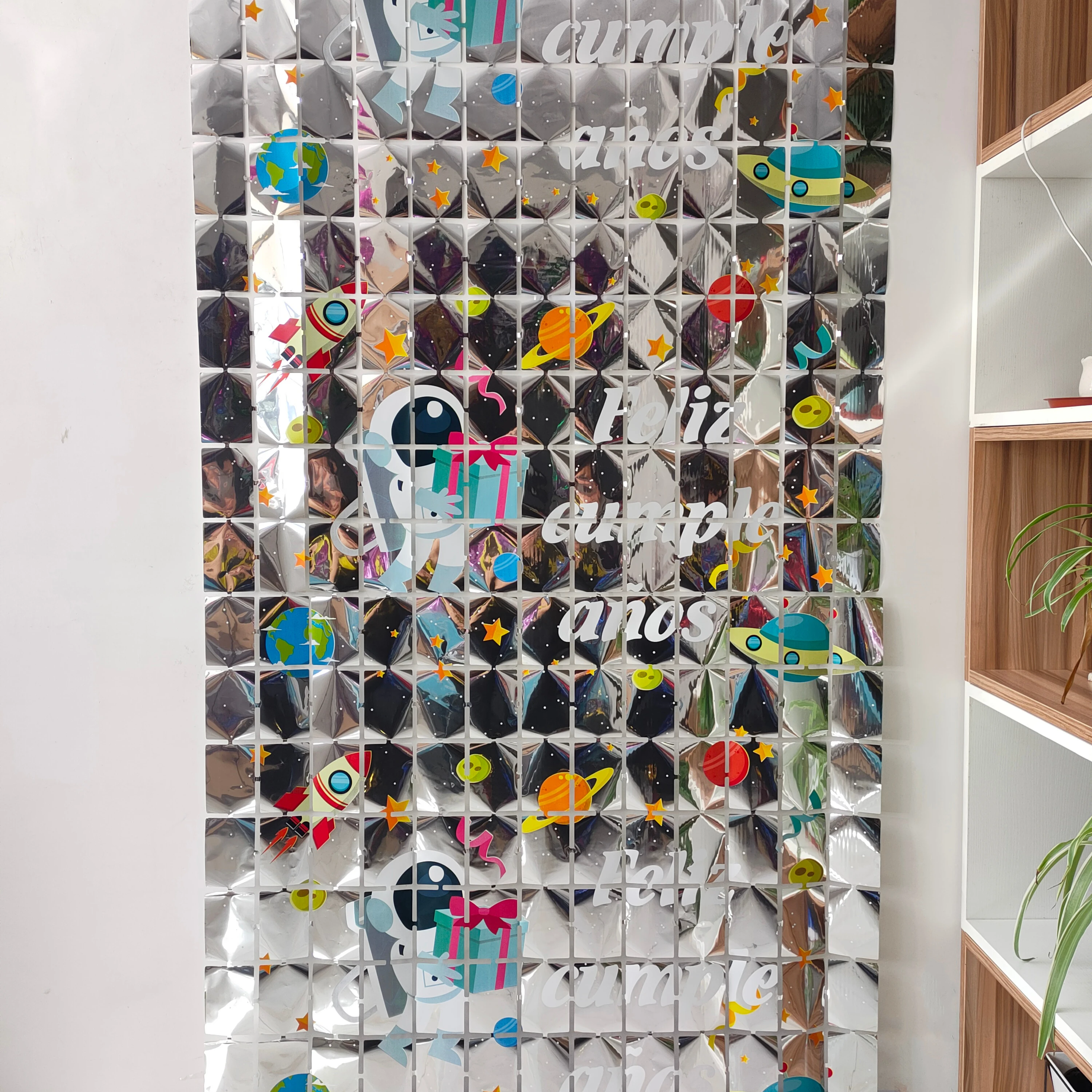 Baby shower decoration foil PET space man printed square curtain for party background decoration