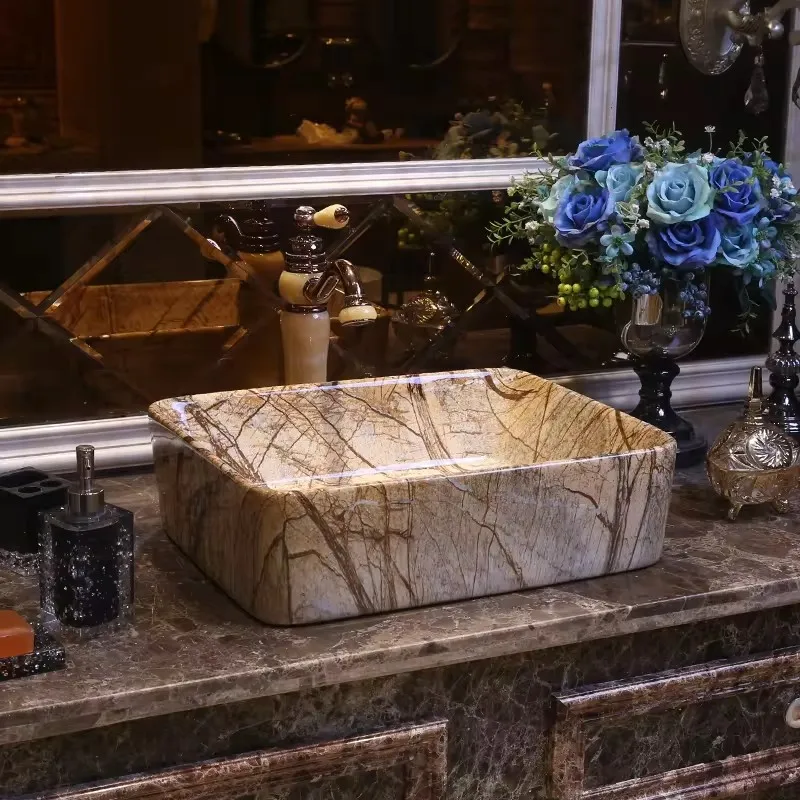 European Rectangle Bathroom Basin Marble Design Wash Basin Above Counter Wash Basin Ceramic Art Hand Washing Sink