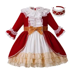 OEM Pettigirl Girls Party Dresses with Headband Wine Red Lace Dress Long Sleeve Spanish Dress for Kids