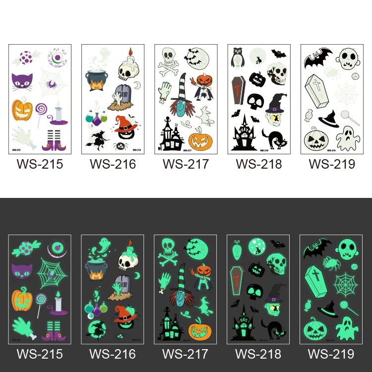 Eco-friendly Carton Style Halloween Party Face & Body Glow In The Dark Tattoo Sticker For Kids