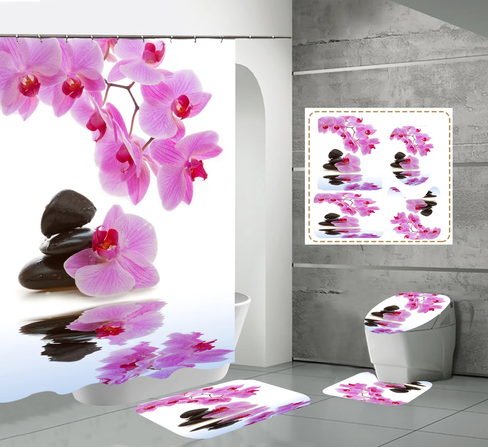 Promotion Custom Design Digital Printing Mildew Resistant Waterproof Bathroom 4 pcs set  Shower Curtain