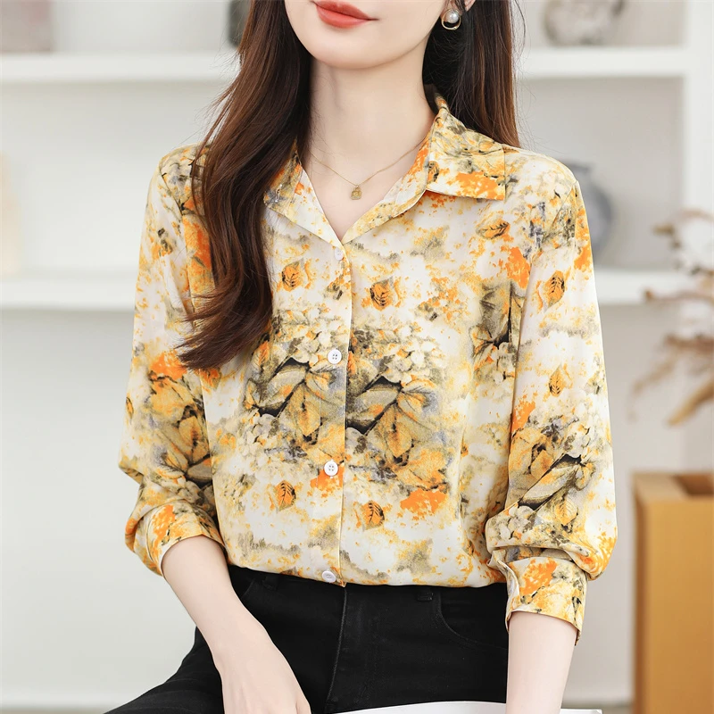 New Yellow Floral Printed Chiffon Ladies Shirts Long Sleeve Top Loose Blouse Femme