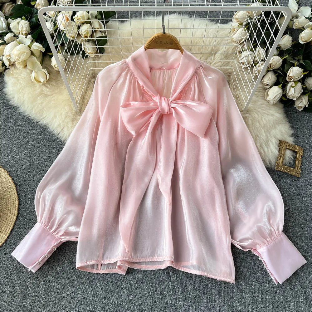 Summer Full Sleeve O-Neck Shirts Women Solid Bow Casual Blouse Ladies Elegant Clothing Clothes Women Wholesale