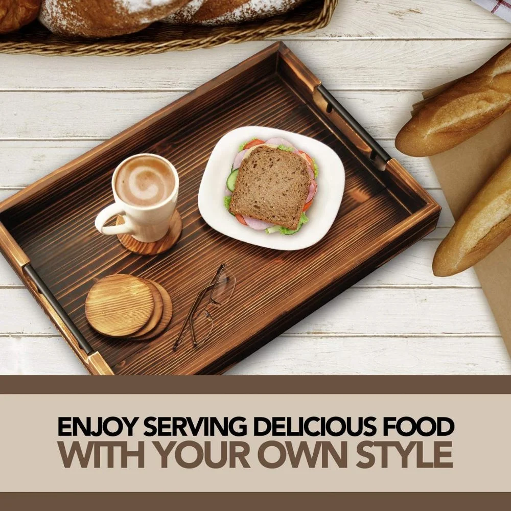 Large Wooden Serving Tray with Metal Handles Includes Set of 4 Coasters This 20x14 Ottoman Tray Known as Coffee Table Tray Decor