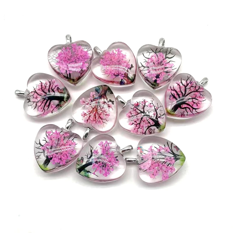 Wholesale Glass Heart Shape Pendants Dry Flower Jewelry Necklace Charm  Life Tree Key Chain Bag Lamp work Gift 25 mm