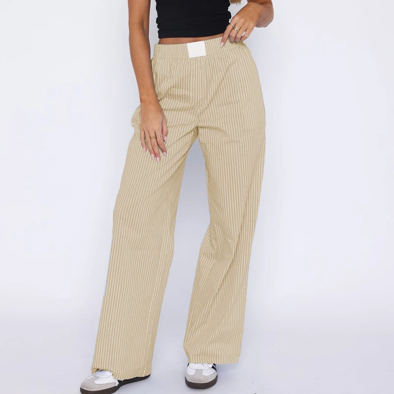 Cotton Poplin PJS Trousers Womens Custom Brand Patches Lounge Pant Wide Leg Striped Pajama Pants Striped Cotton Lounge Pants