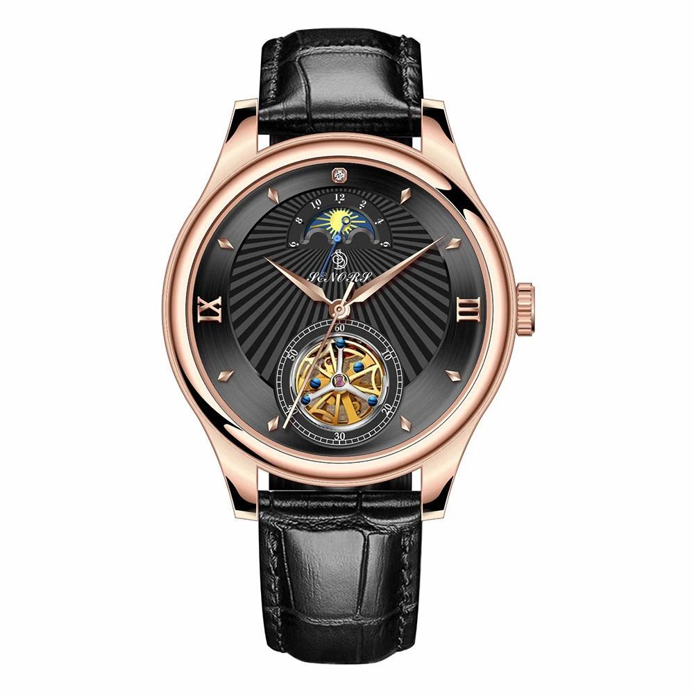 Double Color Leather Water Resistant Tourbillion Automatic Mechanical Watches for Wristwatch man