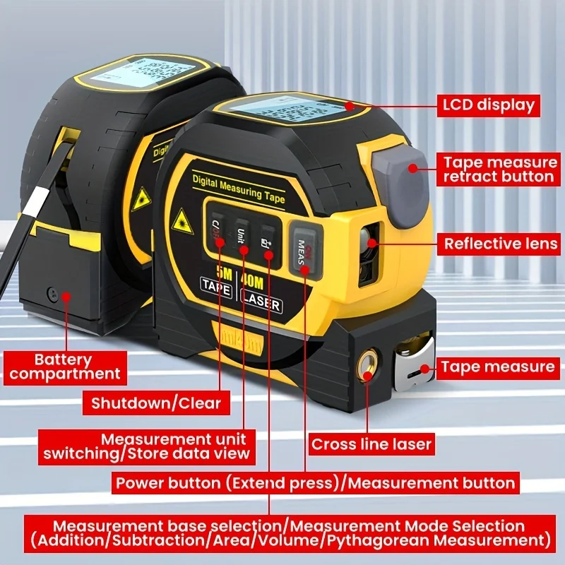 3 in 1 Laser Distance Meter 40m/130ft Digital Measuring Instrument Tape Measure Distance Area Volume Tool laser distance meter