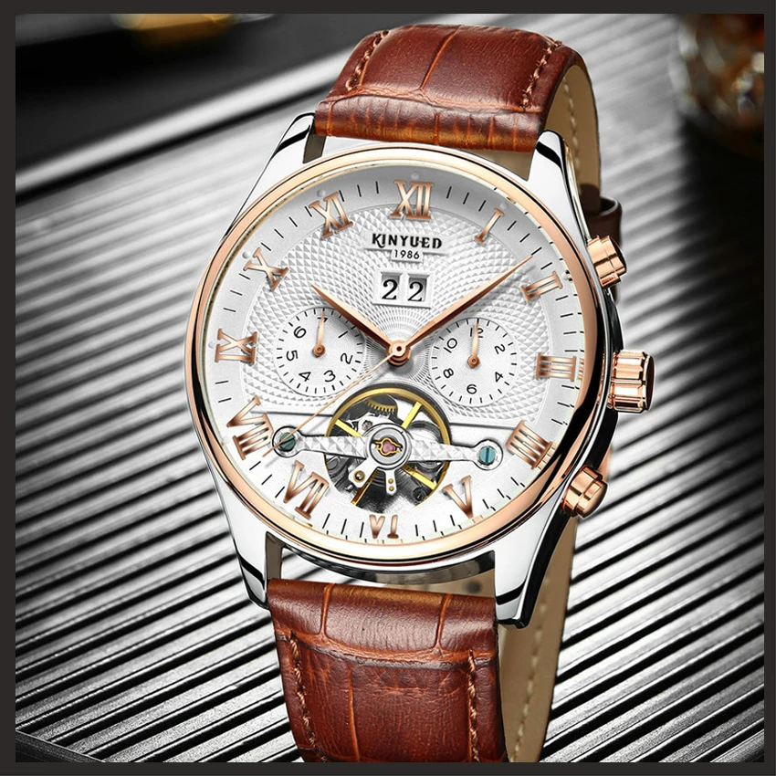Skeleton Tourbillon Mechanical Watch Men Automatic Leather Mechanical Wrist Watches Reloj Hombre 2019 KINYUED JYD-J1012