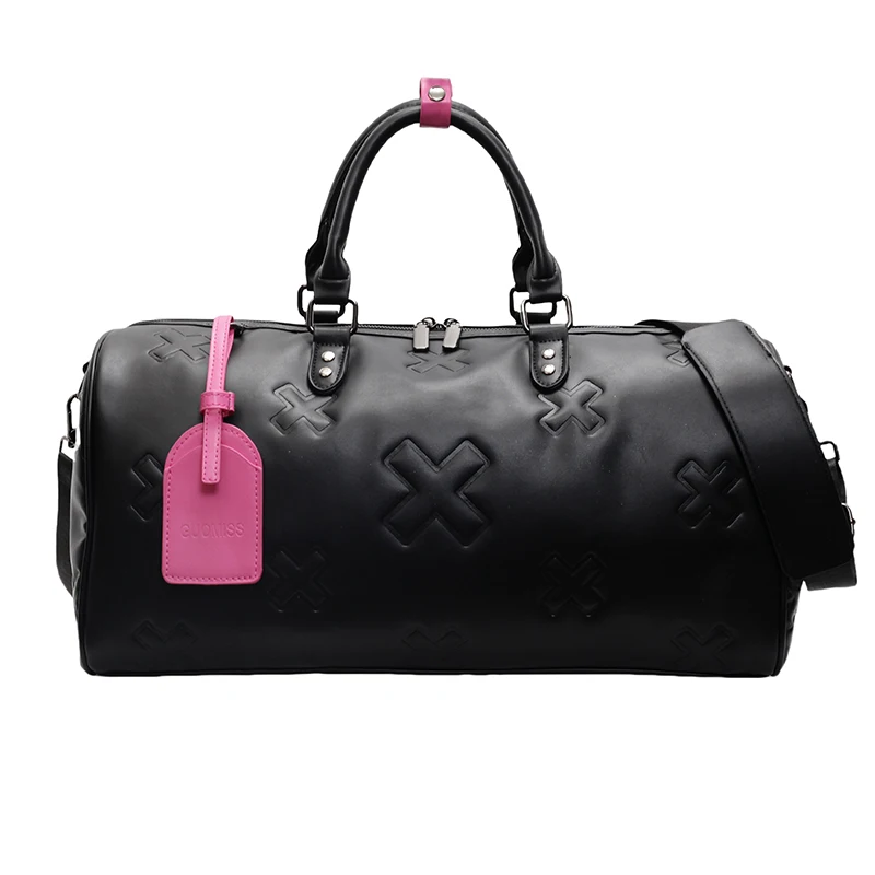 Embossed Logo PU Leather Duffel Bag Large Capacity Travel Weekend Bag With Dry Wet Pockets