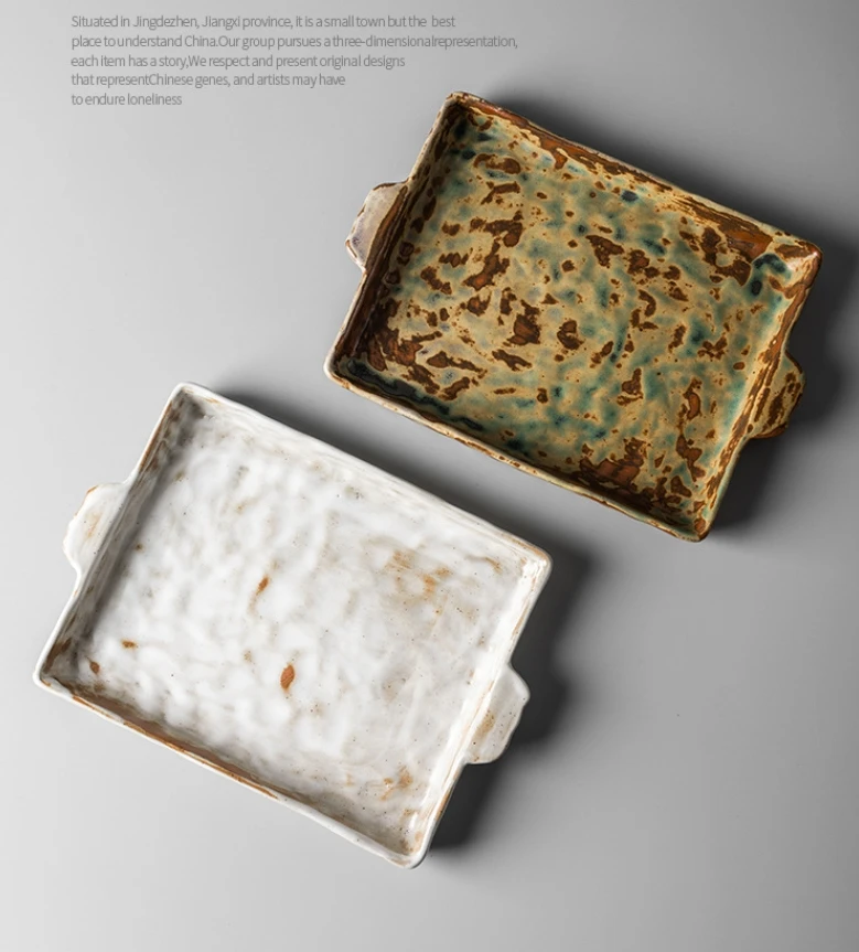 Square green and white ceramic plates handmade glazed dinnerware handle including