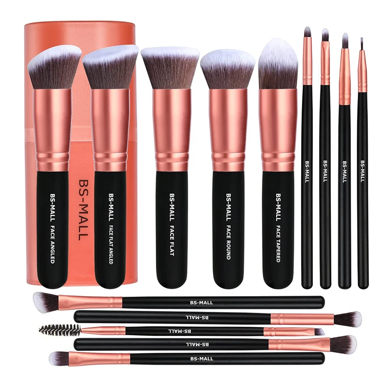 Amazon Best Sell BS MALL Custom Label Makeup Cosmetic Brushes 14 PCS Rose Gold Synthetic Makeup Brushes Set