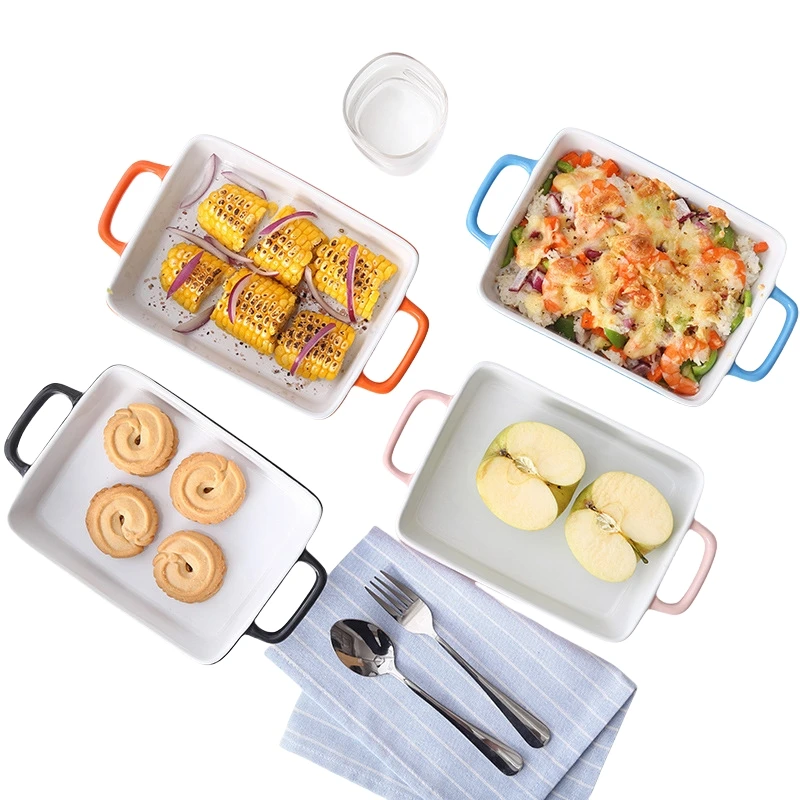 Restaurant Kitchenware Cooking Square Baking Pans Baking Tray With Two Ears Rectangular Household Kitchen Ceramic Baking Tray