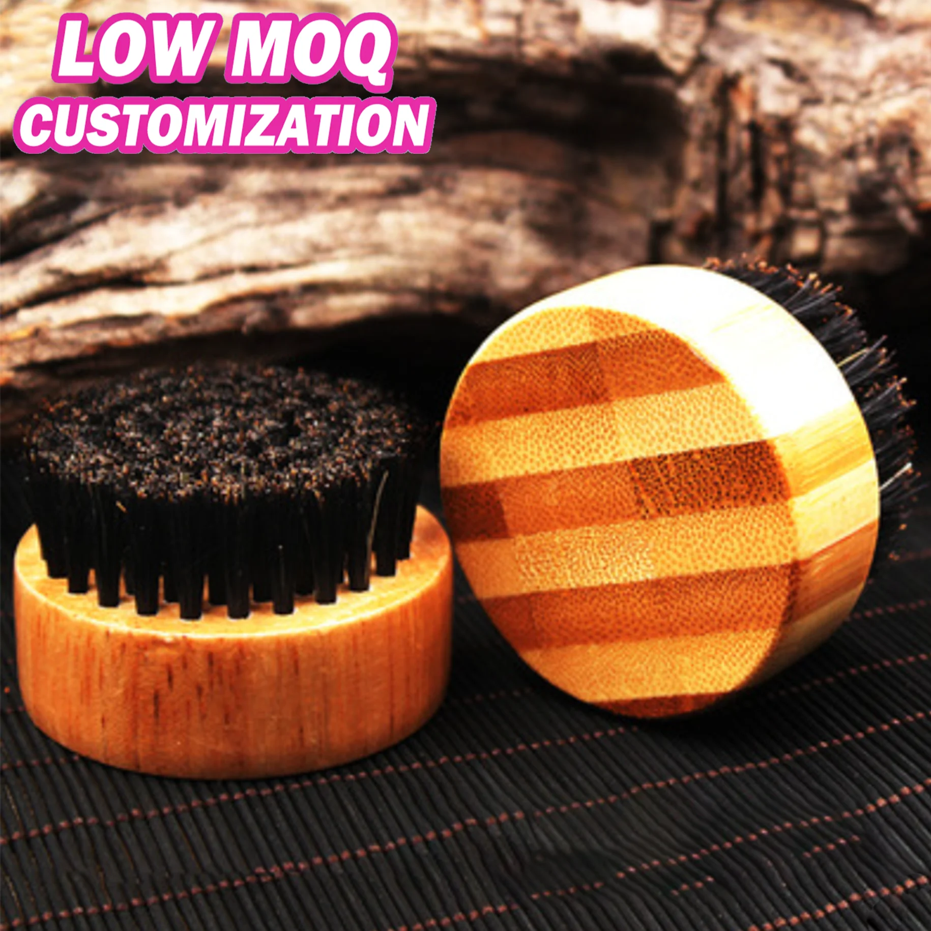 Private Label Custom Logo Wholesale Round Bamboo Wooden Small Beard Brush with and