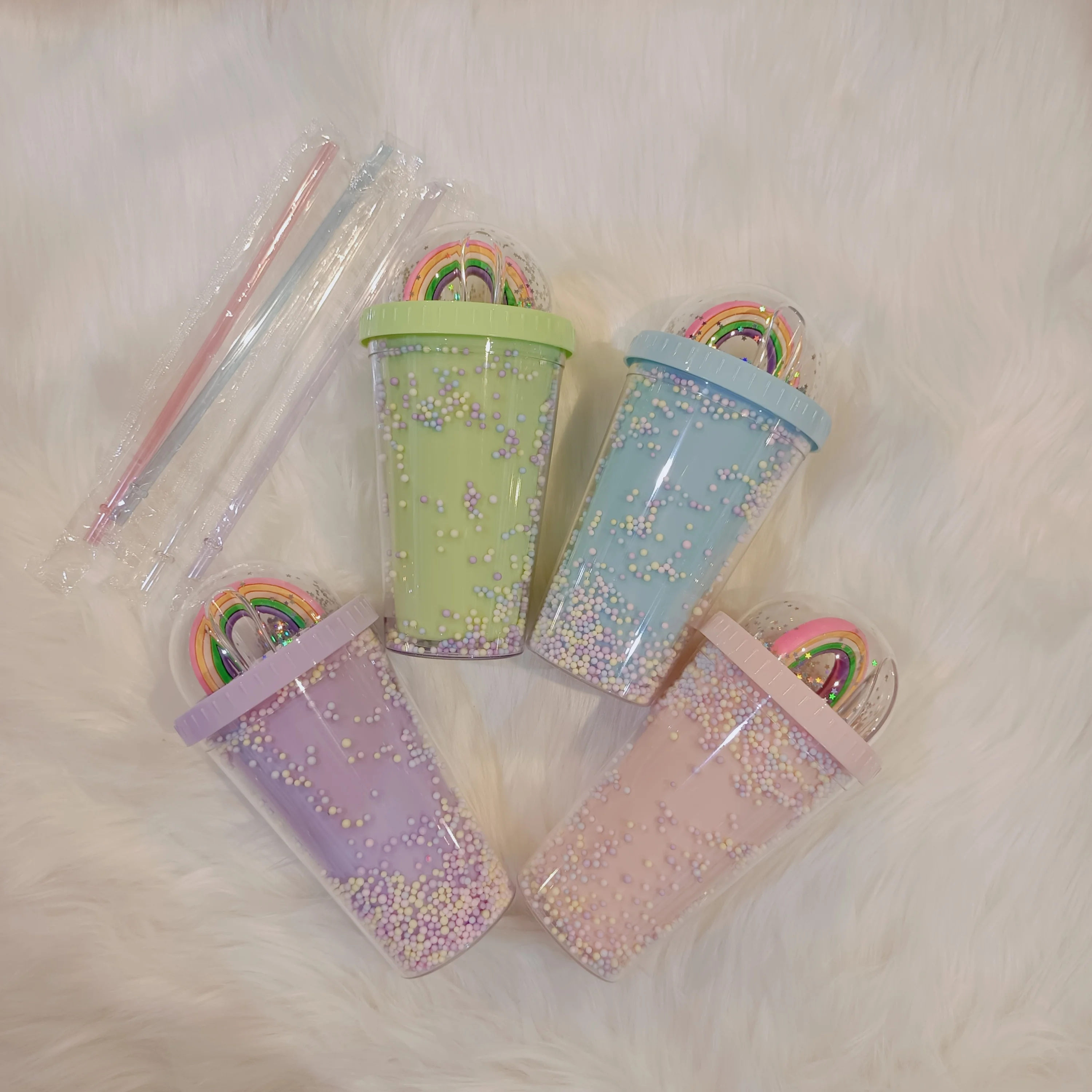 350ml 450 ml 650ml Cute Mickey Minnie Mouse Ear Bow Drinking Cup Double Wall Plastic Tumblers With Straw