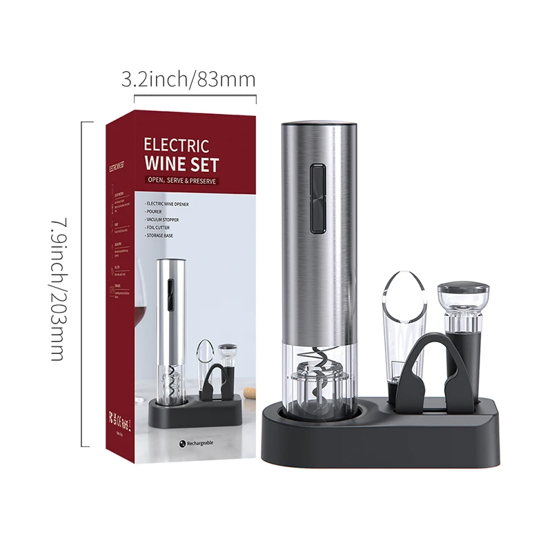 Factory Offer 4in1 USB Corkscrew Kit Rechargeable Electric Wine Opener Gift Set with Aerator,Foil Cutter,Stoppers