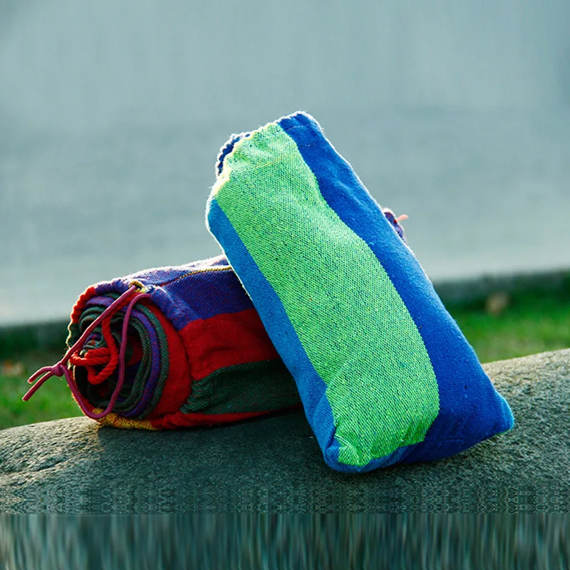 Indoor Outdoor Colorful Striped Camping Hammock Home Travel Camping Swing Thick Canvas Bed Hammock for Garden Sports Adult 0.8KG