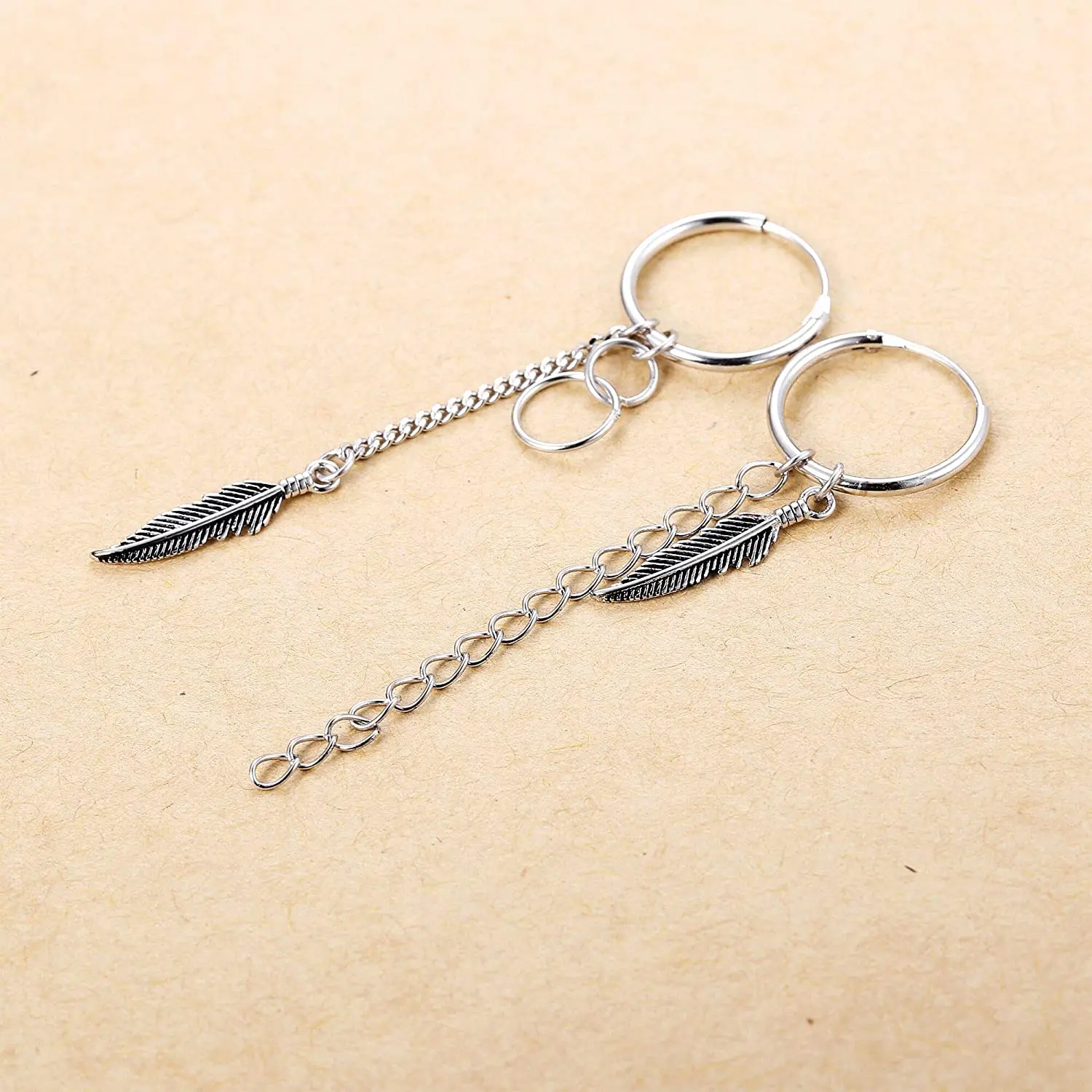 
Long Chain Feather 925 Sterling Silver Hoop Earrings for Women and Men Silver 14K Gold 