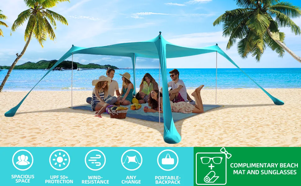 Beach Canopy Sun Shade UPF50+ Anti-Wind Beach Tent with Sand proof Private Beach Wind Screen Stable 4 Sandbags Design