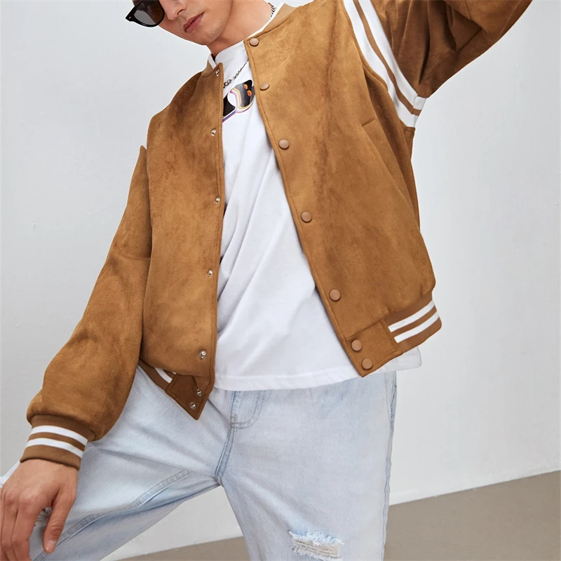Custom Logo Unisex Letterman Hip Hop Brown Plain Suede Fleece Crop Vintage Winter Casual Men Jacket Coat