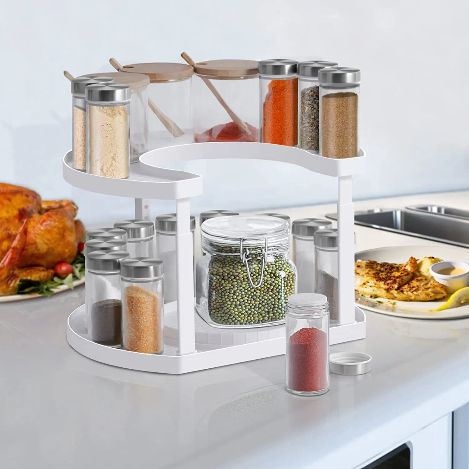 Spice Rack Organizer for Cabinet 2 Tier Lazy Susan Organizer Double Spinner on Bottom Spice Shelf for Kitchen Pantry Organizatio