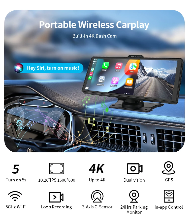 4k сенсорный экран Adinkam передний и задний автомобильный стерео беспроводной Carplay Android Auto Portable 10 26 дюймов Dashcam