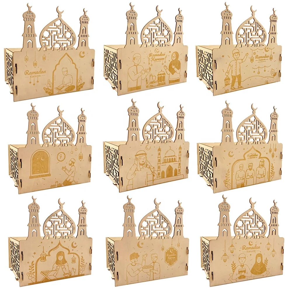 DIY Wooden Eid Mubarak Food Tray Candy Box Ramadan Decoration For Home Ramadan Kareem Muslim Gift Eid Al Adha Muslim Party Decor