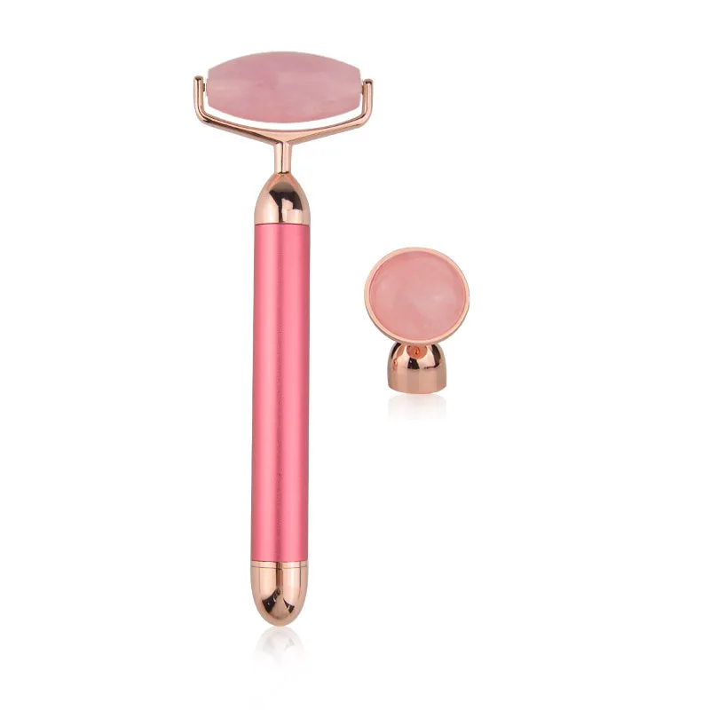 Оптовая продажа, электрический ролик из розового кварца с логотипом на заказ для лифтинга лица, вибрационный нефритовый ролик для массажа лица