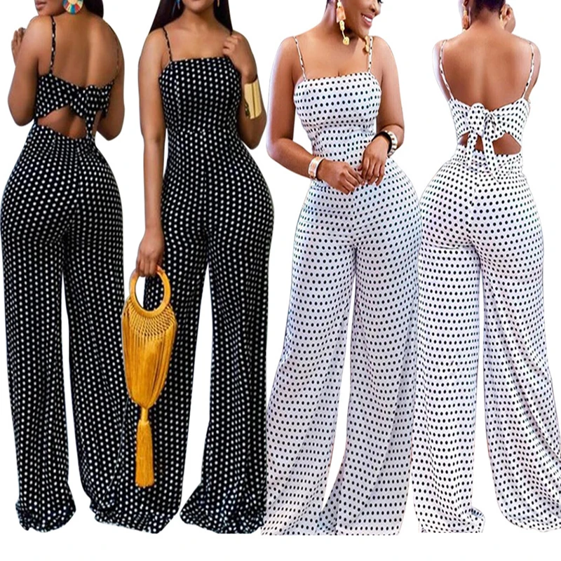 
2020 Latest Fashion Wholesale Off the Shoulder Polka Dot Wide Leg Bodycon Rompers and Jumpsuits for Women 
