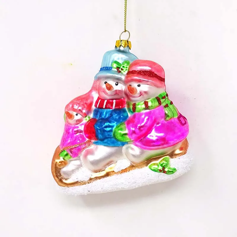 Factory wholesale glass ornaments for christmas cute three snowmen sitting on a sleigh pendant