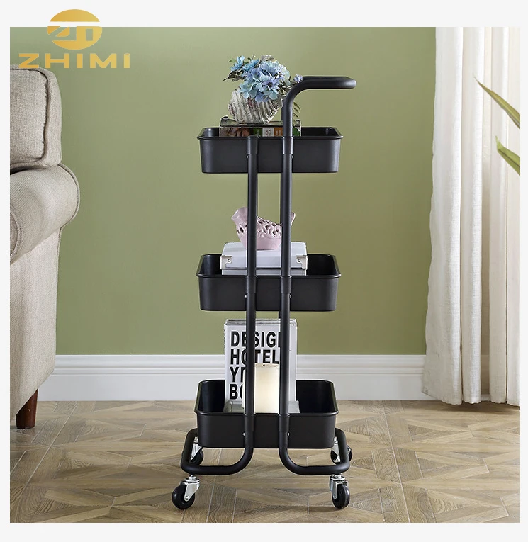 3-tier Carbon Steel Kitchen Trolley On Wheel Vegetable Fruit Storage Basket Dinning Room Corner Shelf Cart